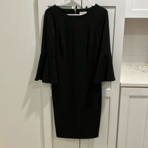 Calvin Klein Women's Black Polyester Bell Long Sleeve Sheath Midi Dress